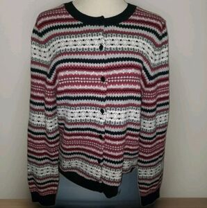 Talbots Sweater Cardigan Fair Isle Wool Blend Crew Neck Button Large